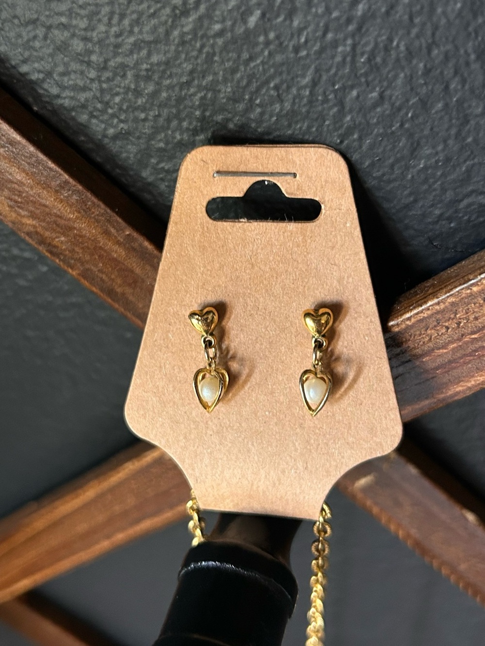 AVON Gold Tone Heart Drop Earrings with Faux Pearls and Matching Necklace